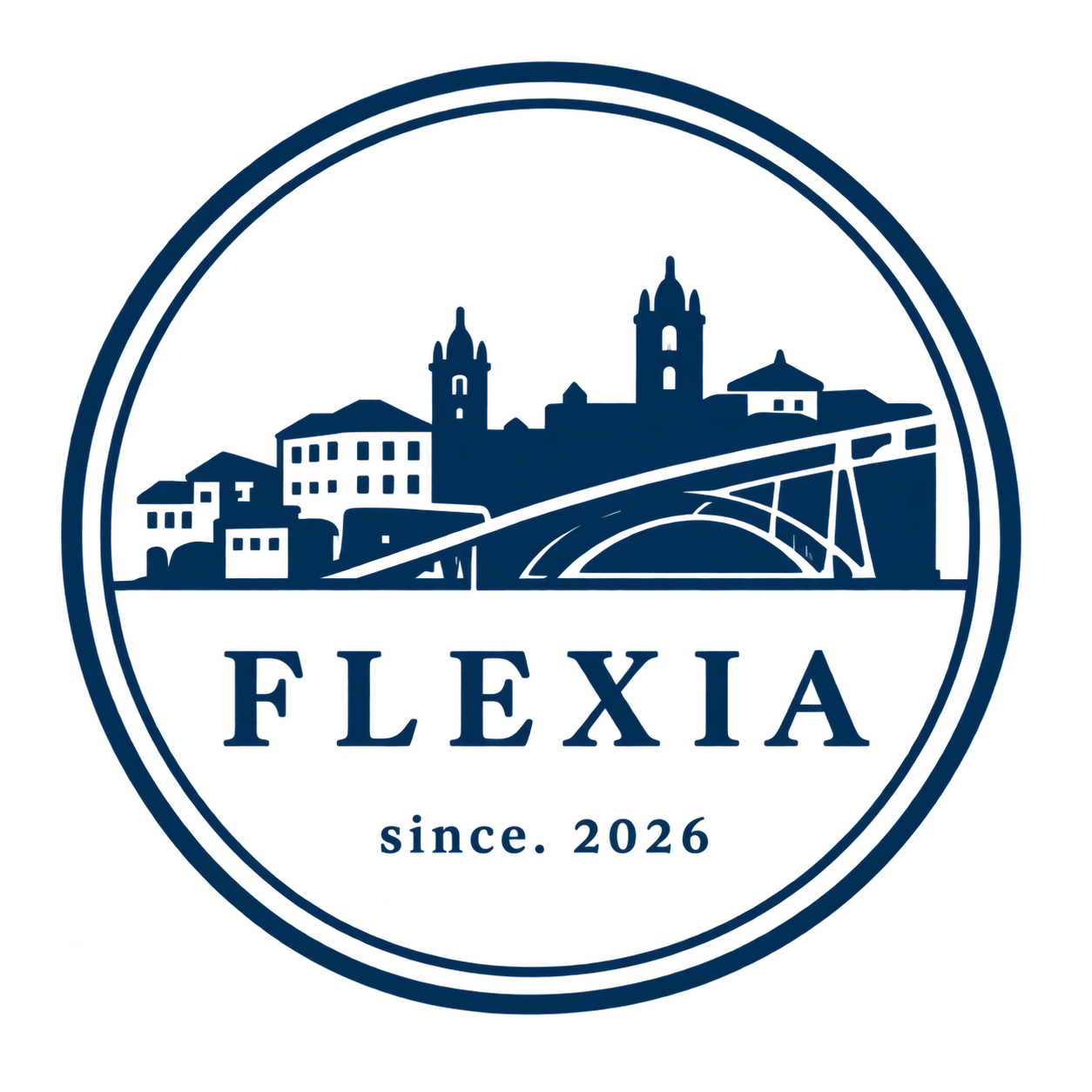 街並みと橋を描いたFLEXIAの円形ロゴ